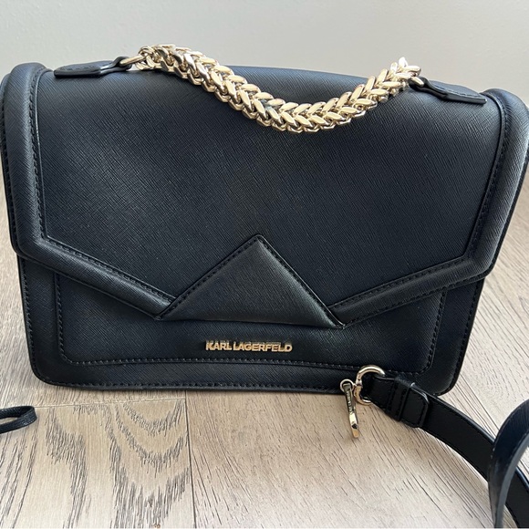 Karl Lagerfeld black leather crossbody and formal handbag with gold chain - Picture 2 of 6